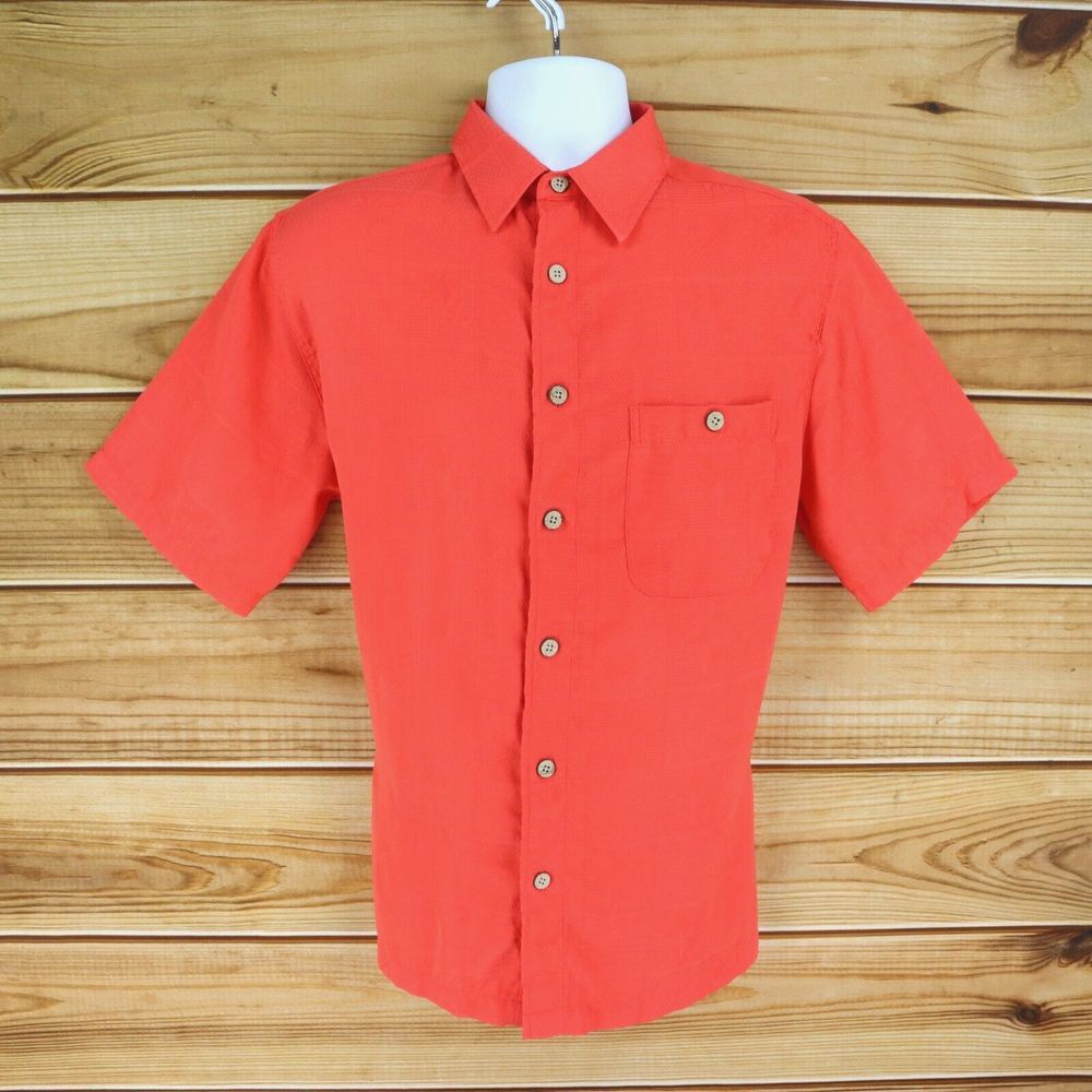 R&R Casual‎ Button Up Shirt Mens Size M Orange 100% Polyester Short Sleeve